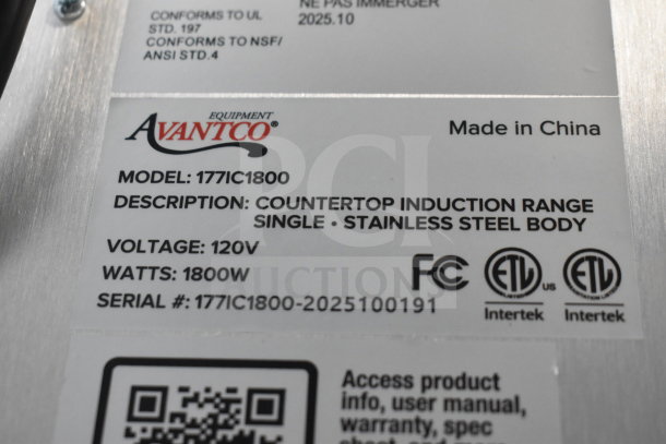 Alt Text: Avantco 177IC1800 Countertop Induction Range label, 120V, 1800W, stainless steel, model and serial numbers visible.