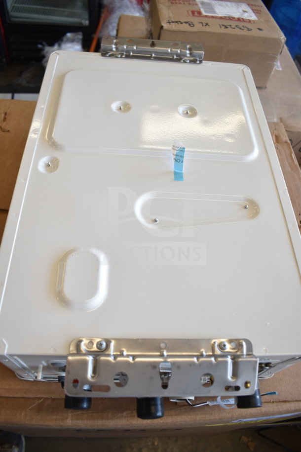 Brand new Rinnai V53De gas tankless water heater, wall-mounted, 120V, 120,000 BTU, 5.3 GPM, slight cosmetic dent.