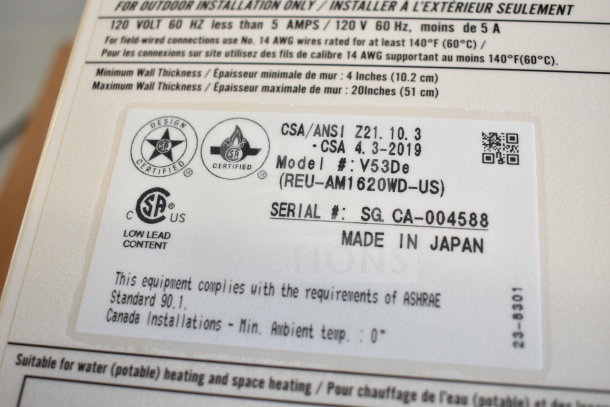 Rinnai V53De gas water heater label, 120V, 120,000 BTU, 5.3 GPM, CSA/ANSI certified, scratch and dent, made in Japan.