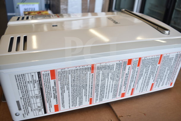 BRAND NEW Rinnai V53De gas tankless water heater, 120V, 120,000 BTU, 5.3 GPM, wall-mounted model with instructions visible.