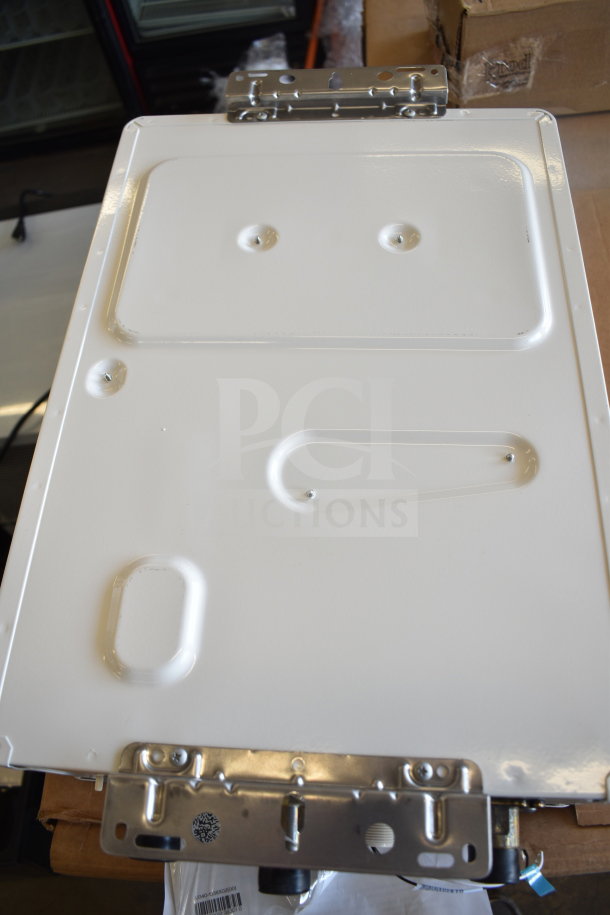 Brand new Rinnai V53De gas wall-mounted tankless water heater, 120V, 120,000 BTU, 5.3 GPM, minor scratches visible.