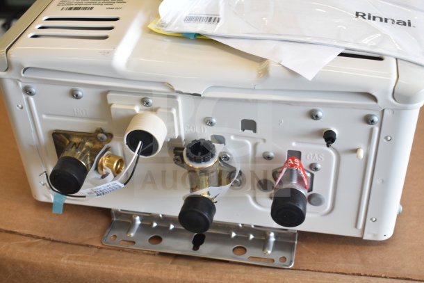 Brand new Rinnai V53De gas wall-mounted outdoor tankless water heater, 120V, 120,000 BTU, 5.3 GPM, scratch and dent.