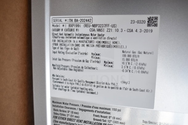 BRAND NEW Rinnai RXP199iN tankless water heater label, 199,000 BTU, 11.0 GPM, natural gas/propane compatible, 120V.