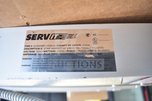 BRAND NEW SCRATCH AND DENT! ServIt 54" lighted double strip warmer with dual toggle controls, 120V, 1 phase, model 423SW54TLHDBLA.