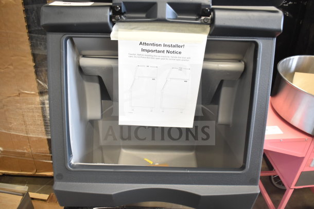 BRAND NEW Scotsman B322S Ice Storage Bin, 370 lb capacity, stainless steel exterior, visible installation notice.