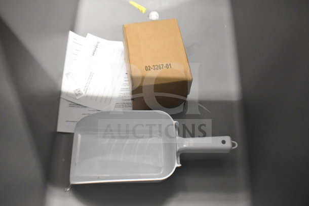 BRAND NEW SCRATCH AND DENT! 2026 Scotsman B322S Ice Storage Bin, 370 lb capacity, stainless steel, model in packaging with scoop.