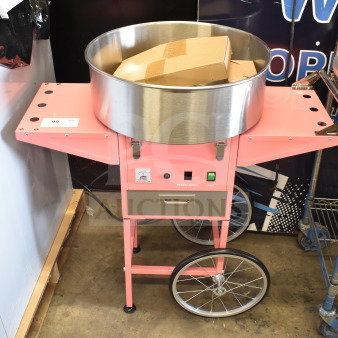 BRAND NEW SCRATCH AND DENT! 2025 Carnival King 382CCM21CT Cotton Candy Machine with 21" Stainless Steel Bowl and Cart - 110 Volts, 1 Phase.
