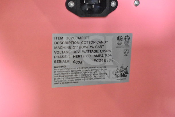 Carnival King 382CCM21CT Cotton Candy Machine, 21" stainless steel bowl, cart, 110V, 1,050W, scratch and dent condition, tags visible.