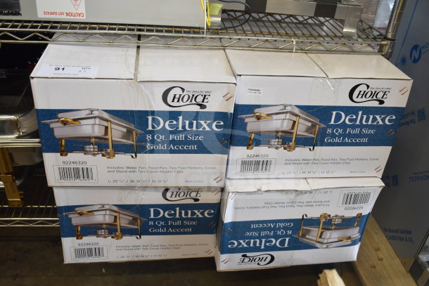 5 new Choice 92246320 Deluxe 8 Qt. Full Size Gold Accent Chafers in original boxes, minor box damage visible.