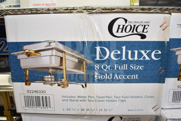 Package of Choice Deluxe 8 Qt. Full Size Gold Accent Chafer, model 92246320, new condition in box.