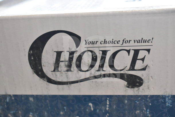 "Choice 92246320 Deluxe 8 Qt. Gold Accent Chafer box, brand new with scratches; label reads 'Your choice for value!'"