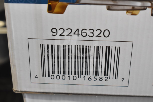 5 Choice 92246320 Deluxe 8 Qt. Gold Accent Chafers, new scratch and dent, barcode and model number visible on box.