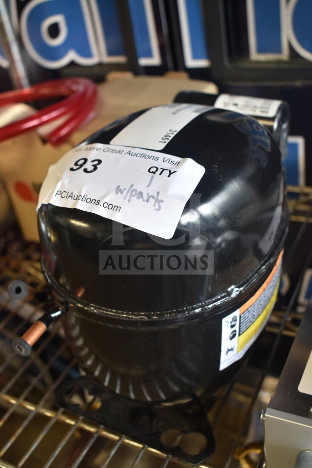 Brand new 2024 Avantco Ice 194C31451 compressor, minor scratches, compatible with EUC-F-160-A and EUC-H-160-A. Labels visible.