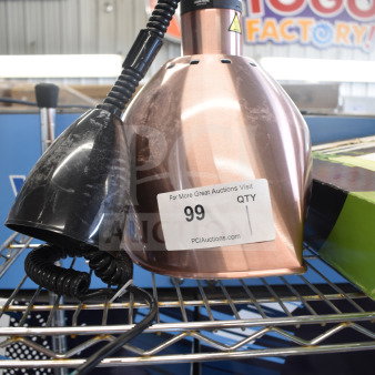 Brand new ServIt 423HLR85CR heat lamp with retractable cord and modern copper finish and round dome shade.