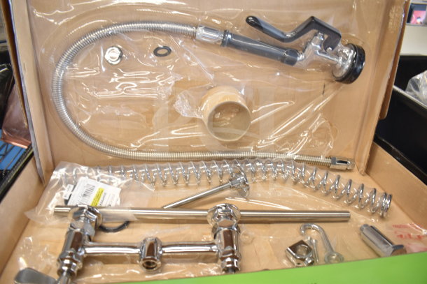 Brand new Regency 600PRD8X pre-rinse faucet, 1.15 GPM, 8" centers, 44" hose, in packaging. Scratch and dent condition.