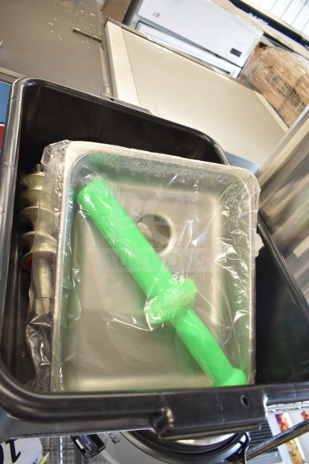 BRAND NEW Meat Grinder Attachment with Tray, visible in packaging, featuring vibrant green pusher, slight cosmetic scratches.