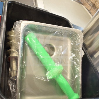 BRAND NEW Meat Grinder Attachment with Tray, visible in packaging, featuring vibrant green pusher, slight cosmetic scratches.