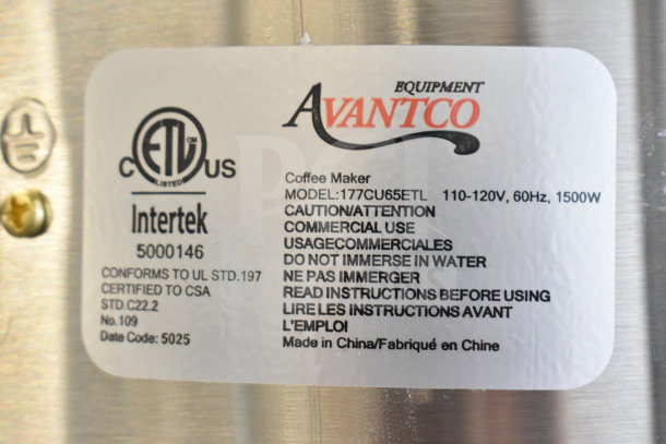 Avantco 177CU65ETL 65-cup stainless steel coffee urn label, ETL listed, 120V, 1500W, for commercial use, made in China.