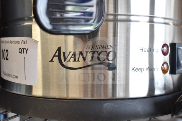 Brand new Avantco 177CU65ETL 65-cup stainless steel coffee urn, featuring heating and keep warm indicators.