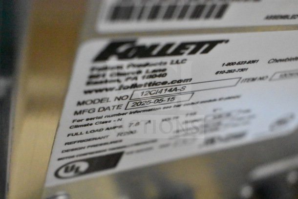 Label of a Follett 12CI414A-S Symphony Plus Ice Maker, showing model and manufacture date as 2025-05-15.