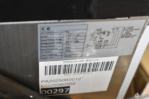 BRAND NEW SCRATCH AND DENT! XRJ15LX2 commercial slushie machine label showing model specs and barcode.