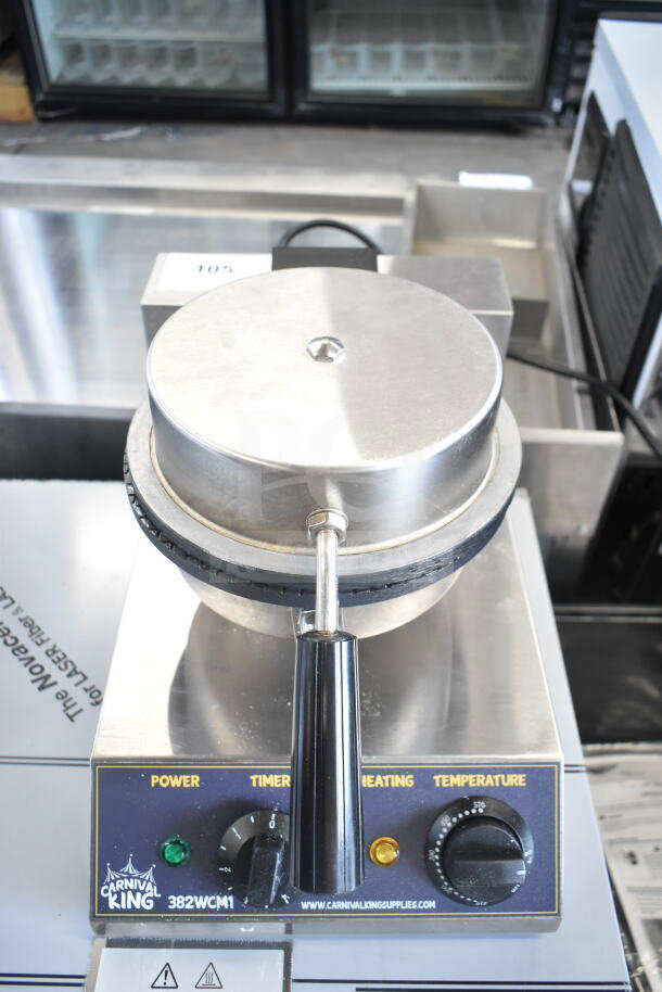 Carnival King 382WCM1 waffle cone maker, new scratch and dent, non-stick surface, controls for power, timer, heating, temperature.