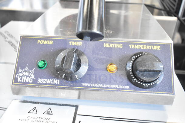 Carnival King 382WCM1 waffle cone maker controls, showing power, timer, heating indicators, and temperature dial.