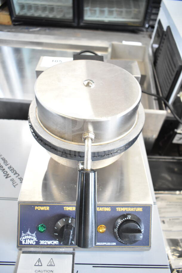 Brand new 2024 Carnival King 382WCM1 8" non-stick waffle cone maker, 120 volts, 1 phase, with minor scratches and dents.