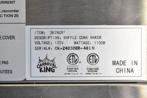 Carnival King 382WCM1 8" Waffle Cone Maker tag showing model, voltage (120V), wattage (1100W), and serial number.