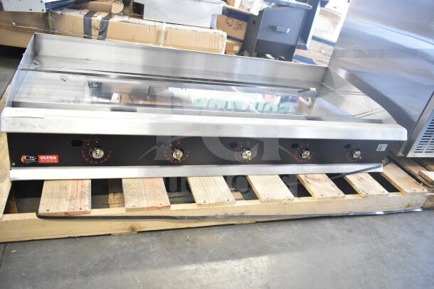 BRAND NEW Cooking Performance Group GTU-CPG-60-N 60" Chrome 5-Burner Gas Griddle, 150,000 BTU, slight scratches, on wooden pallet.
