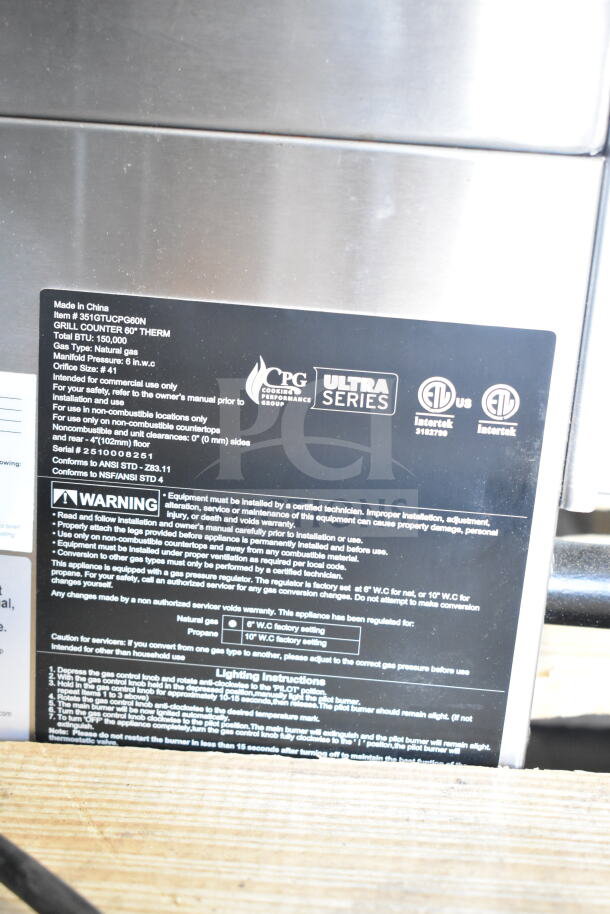 BRAND NEW Cooking Performance Group GTU-CPG-60-N 60" Chrome Griddle, 5-burner, natural gas, 150,000 BTU, model 351GTUCPG60N.
