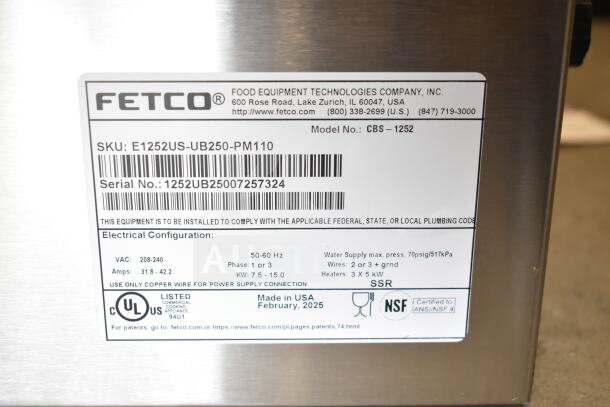 Label on 2025 Fetco CBS-1252 coffee brewer, showing electrical configuration: 208-240V, 1/3 phase, 50-60Hz. Made in USA.