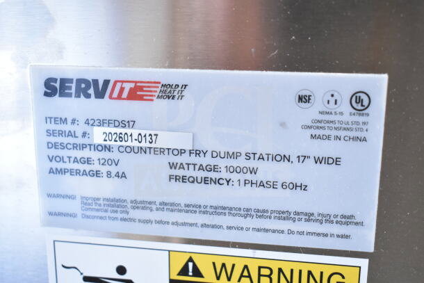 Brand new ServIt 423FFDS17 17" stainless steel fry dump station, 120V, 1000W, 1 Phase, with safety and usage labels.