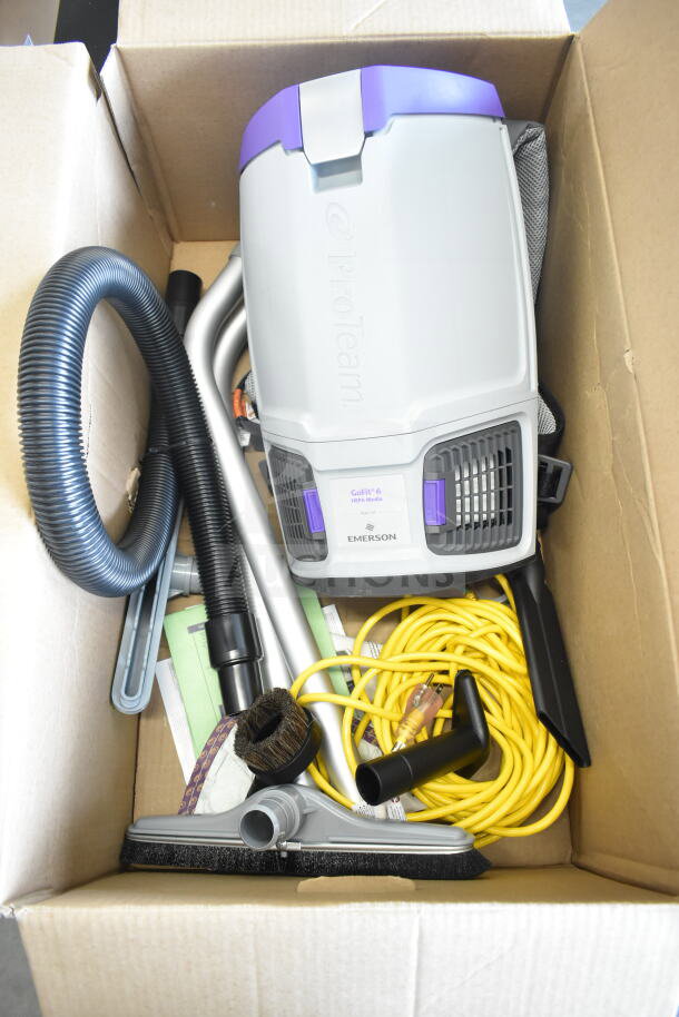 BRAND NEW ProTeam 1076630 GoFit® 6 Qt. Backpack Vacuum with 100727 Tool Kit. Visible labels, minor scratches, boxed.