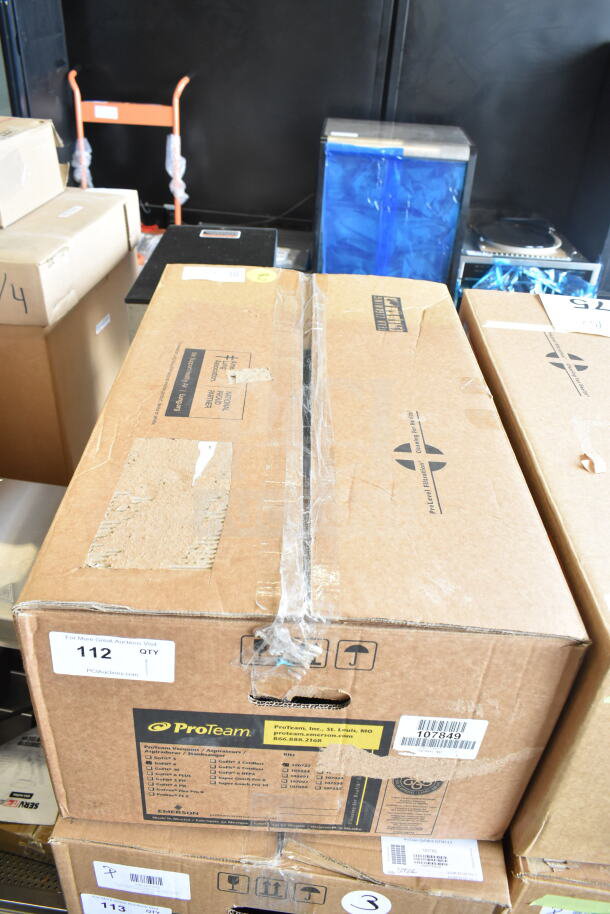 Boxed ProTeam 1076630 GoFit® 6 Qt. Backpack Vacuum, new condition, features Restaurant Tool Kit. Model 107849 visible on label.