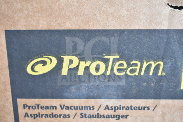 Box of ProTeam 1076630 GoFit® 6 Qt. Backpack Vacuum, includes 100727 Restaurant Tool Kit, labeled in multiple languages.