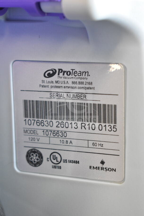BRAND NEW SCRATCH AND DENT ProTeam 1076630 GoFit 6 Qt. Backpack Vacuum. Label shows model, serial number, and specs.