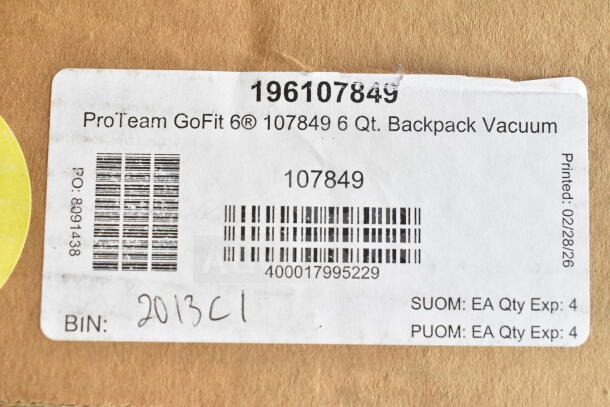 Label on ProTeam GoFit® 6 Qt. Backpack Vacuum box showing model number 107849, barcode, and printed date 02/28/26.
