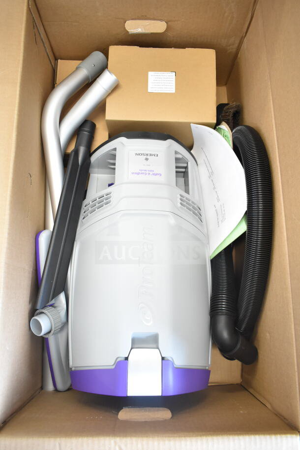 Brand new ProTeam GoFit® 6 Cordless Backpack Vacuum in box, 6 Qt., with 107098 Xover Wand Kit, minor cosmetic dents.