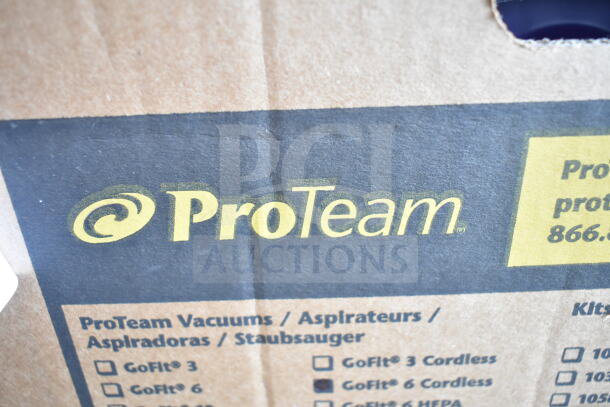 BRAND NEW ProTeam GoFit 6 Qt. Cordless Backpack Vacuum, 4.0 Ah, with Xover Wand Kit, visible label on packaging.