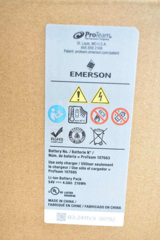 Label for a ProTeam GoFit 6 Qt. Cordless Backpack Vacuum. Features safety symbols and battery specifications. Made in China.