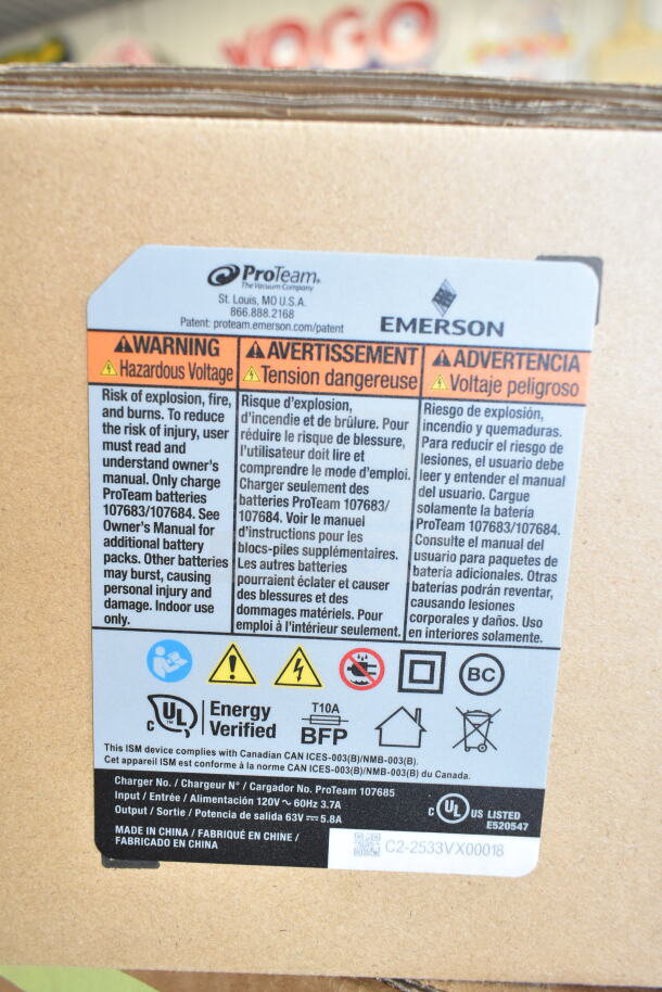 BRAND NEW SCRATCH AND DENT ProTeam GoFit® 6 Qt. Cordless Backpack Vacuum, warning label visible, made in China.
