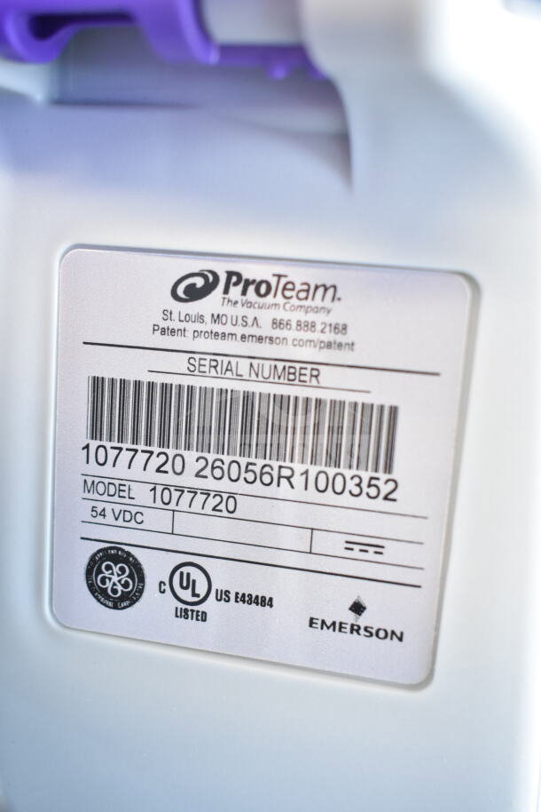 Label on ProTeam GoFit® 6 Backpack Vacuum, Model 1077720, indicating serial number, UL certification, and 54 VDC rating.