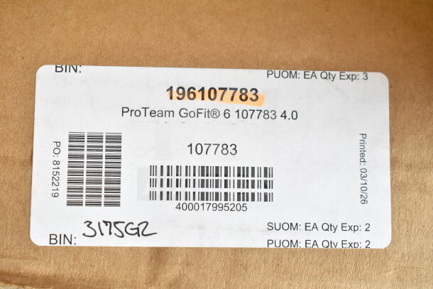 Label of ProTeam GoFit® 6 Cordless Backpack Vacuum, model 107783, 4.0 Ah, with barcode and inventory details.