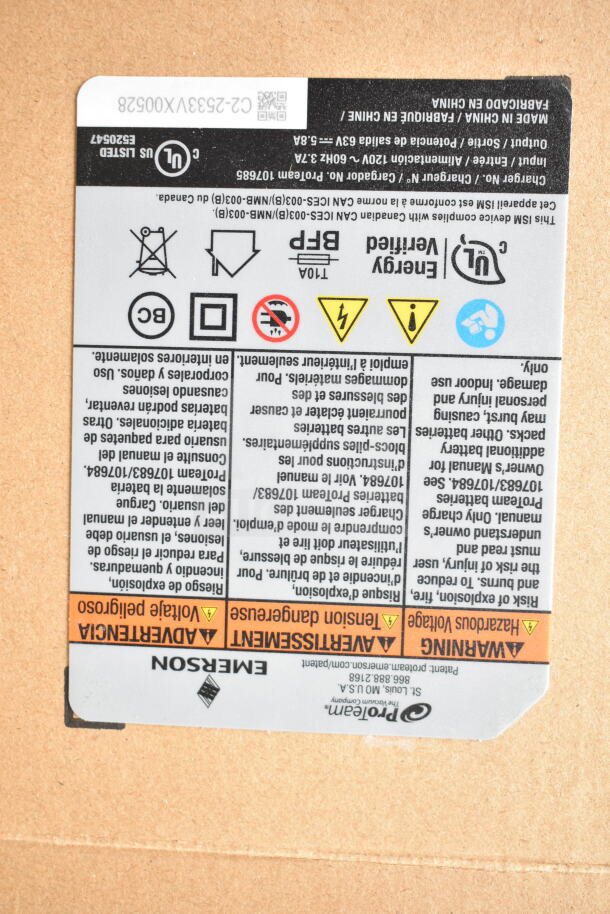 Label on ProTeam GoFit® 6 Cordless Backpack Vacuum, model 107788, showing energy and safety symbols, and manufacturing details in English and French.