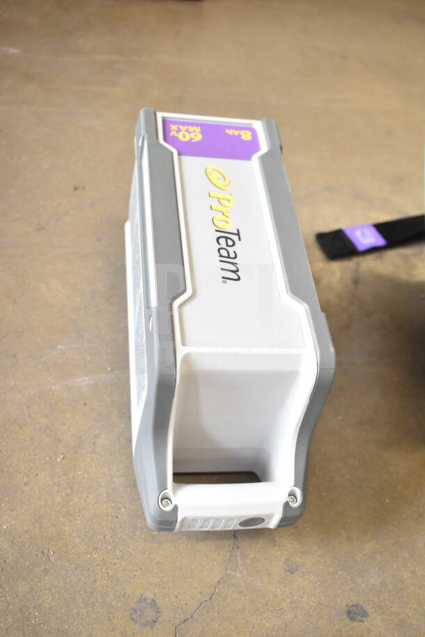 Brand new ProTeam GoFit® 6 cordless vacuum battery, 8.0 Ah, 60V max, scratch and dent condition, shown with label.