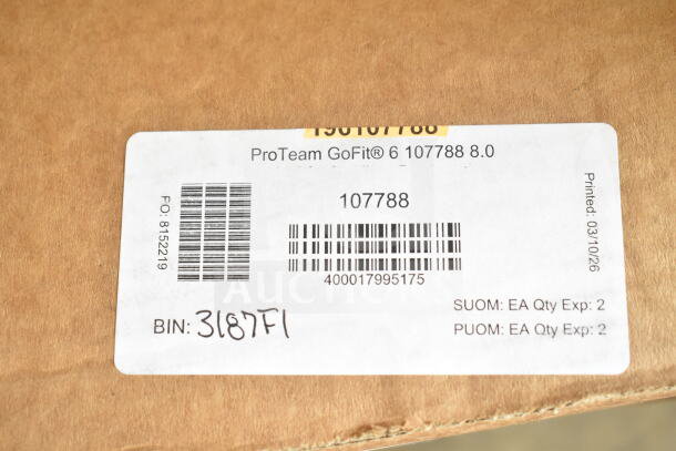 Label on ProTeam GoFit® 6 backpack vacuum box, model 107788, shows barcodes, printed date 03/10/26, and BIN: 3187F1.