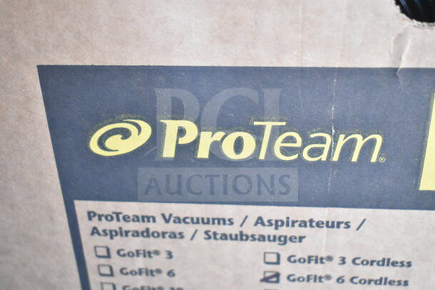 BRAND NEW SCRATCH AND DENT! ProTeam GoFit® 6 Backpack Vacuum, 4.0 Ah, 6 Qt., with ProBlade Kit, partial packaging shown.