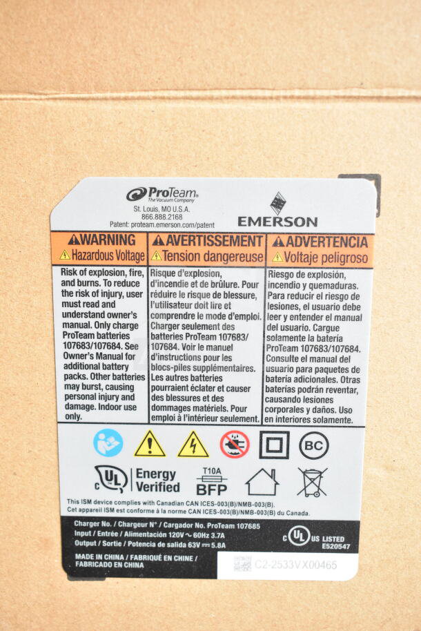 Label on ProTeam GoFit® 6 vacuum box, warning of hazardous voltage, usage details, and battery specifications.