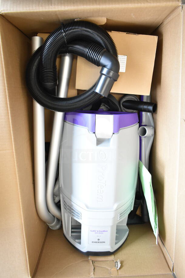 Brand new ProTeam GoFit® 6 Qt. cordless backpack vacuum, model 107787, with some scratches. Includes 107098 Xover wand kit.
